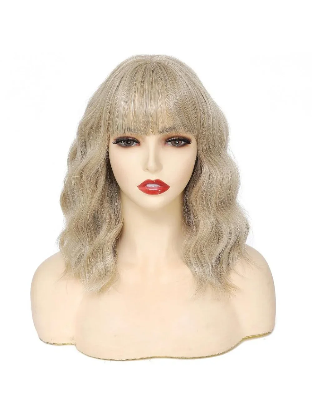 Women's Mix Blonde 14 Inch Heat Resistant Short Wavy Hair Pastel Bob Wig Bangs